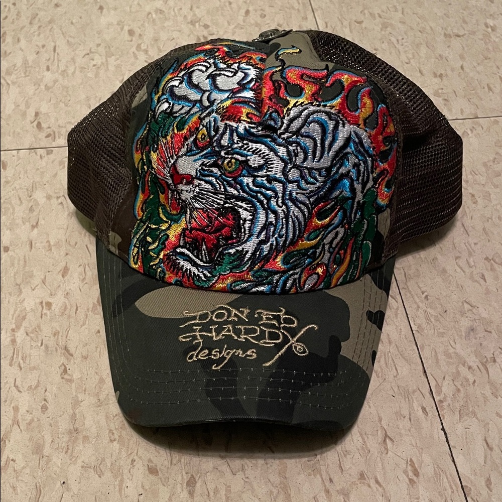 Ed Hardy Camo Hat with Vibrant Tiger Embroidery